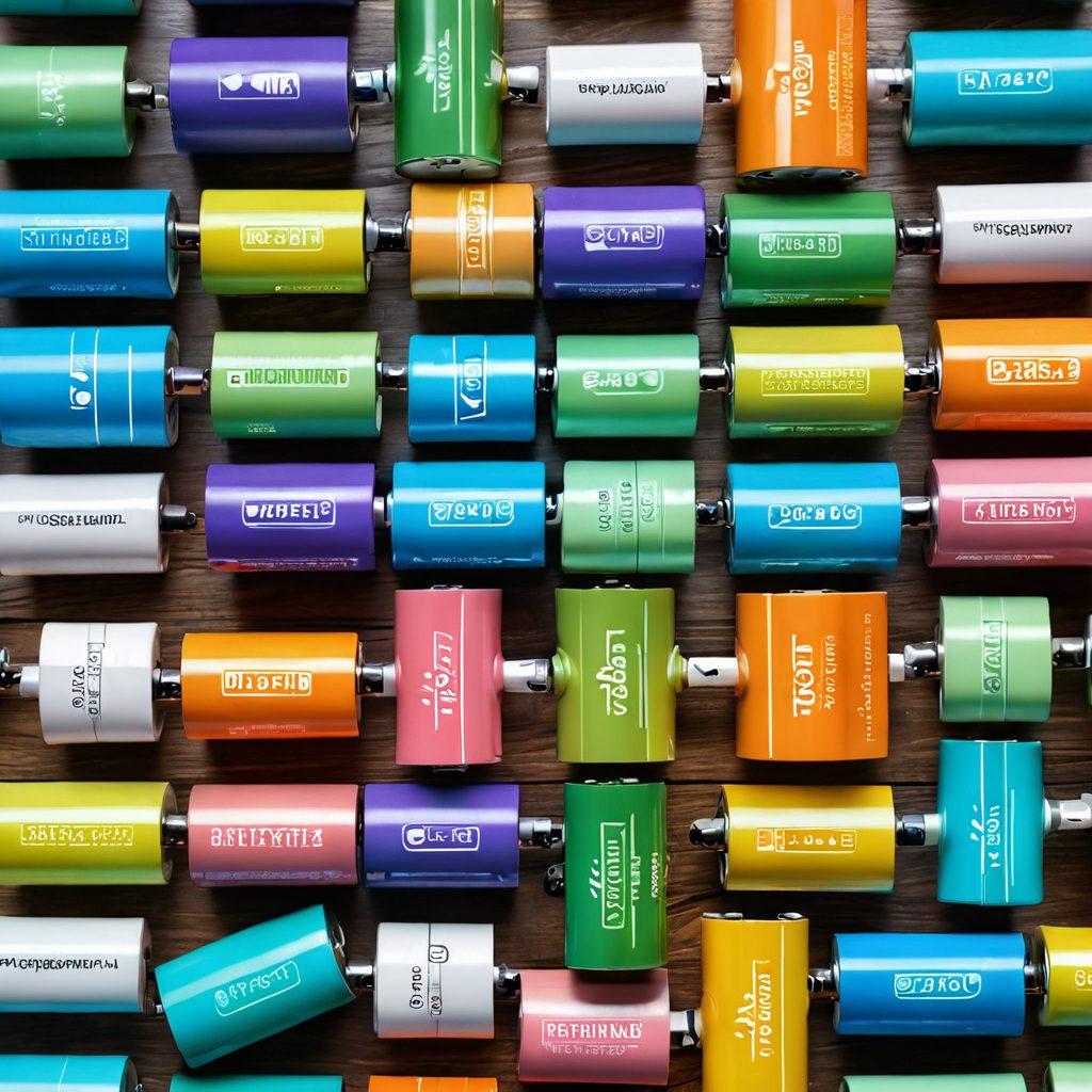 A dynamic scene depicting various budget-friendly batteries neatly arranged on a wooden table, showcasing brand names and power specifications. Include a glowing energy symbol above the batteries, symbolizing reliable performance and empowerment. Utilize a bright, cheerful color palette to evoke positivity and vitality. Add small plants in the background to signify eco-friendliness. super-realistic. vibrant colors.