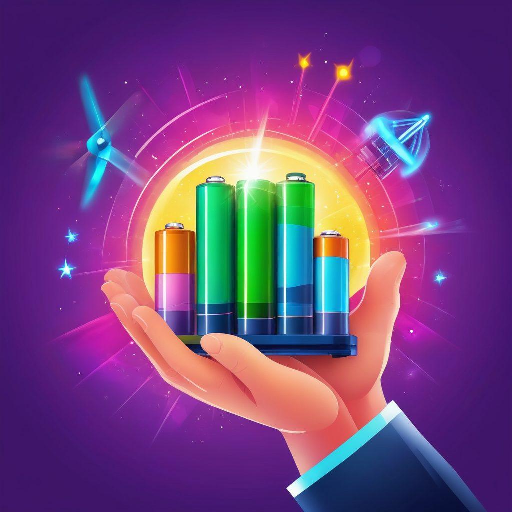 A dynamic and colorful illustration showcasing an array of budget-friendly batteries and innovative energy storage solutions. Include visually appealing charts highlighting energy efficiency and savings. Feature a hand holding a battery with sparkles of energy around it, symbolizing power and potential. The background should convey a sense of energy, with solar panels or wind turbines subtly integrated. vibrant colors. vector art.
