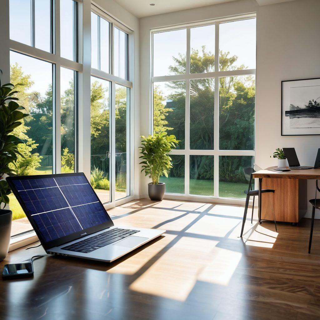 A modern, sleek home filled with innovative energy storage solutions like solar batteries and power banks, showcasing vibrant discount tags. Bright sunlight streaming through large windows, casting dynamic shadows on the floor, and an open laptop displaying savings charts. Lush greenery visible outside, representing sustainability. super-realistic. vibrant colors. white background.
